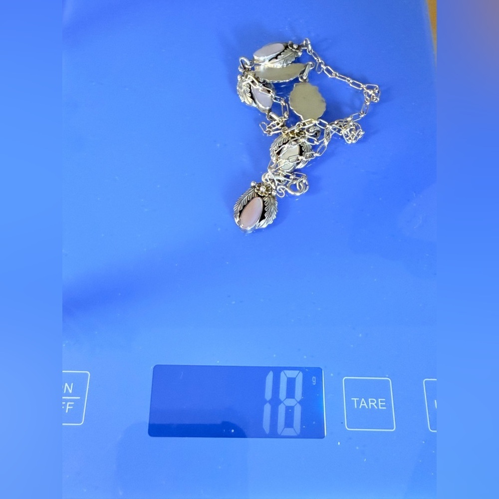 Vintage Native American Sterling Silver & Mother of Pearl Leaf Drop Necklace 18g - Picture 7 of 9